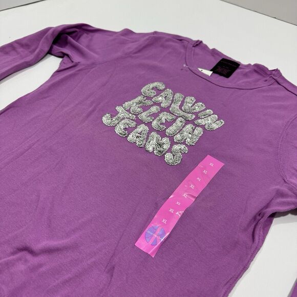 Woman's Calvin Klein Jeans Pink Purple Magenta Beaded Silver Logo Sweatshirt XL - Picture 2 of 7